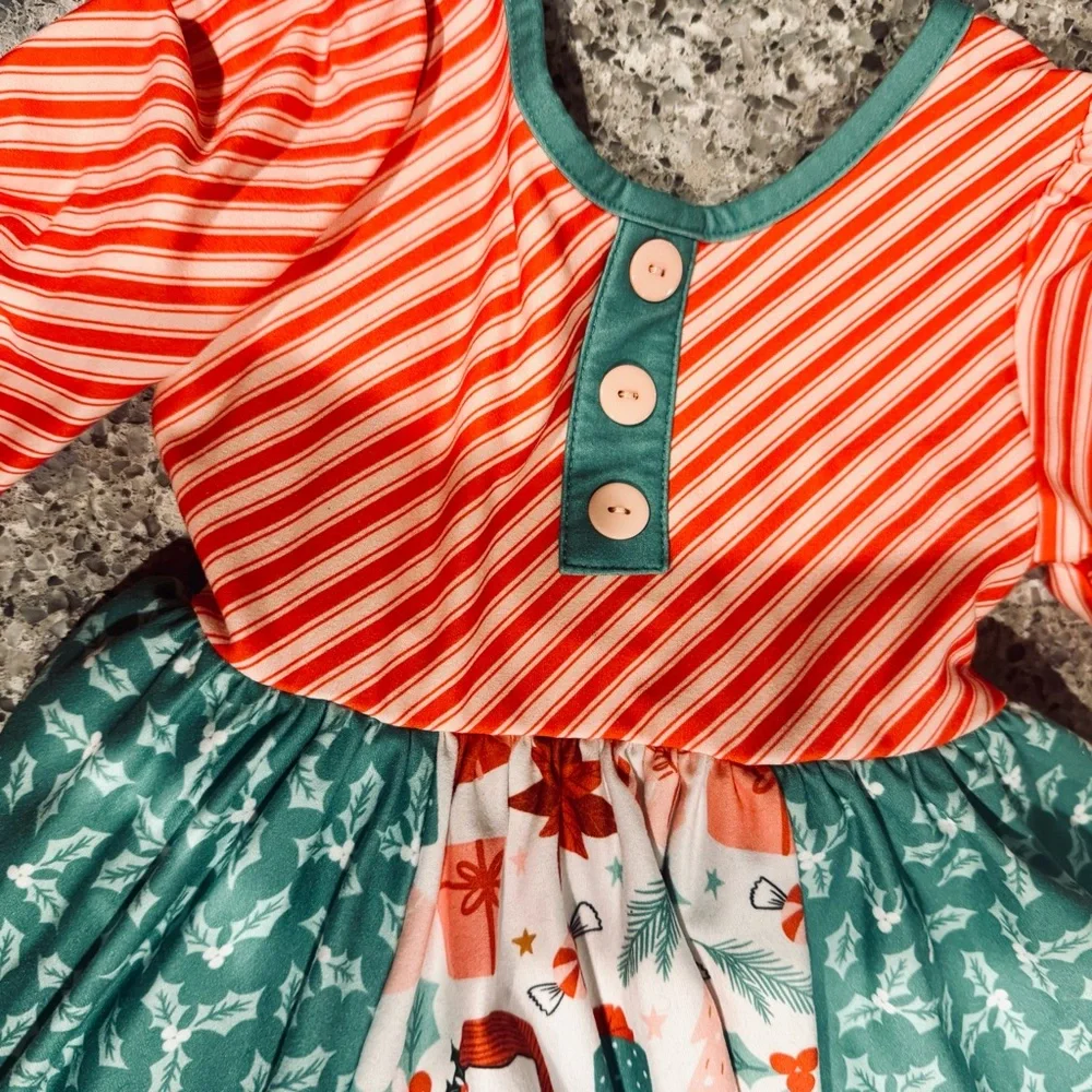 Cheeky Plum Striped and Floral Long Sleeve Santa Dress - Size 4T - EUC ⭐🎄 - Picture 6 of 12
